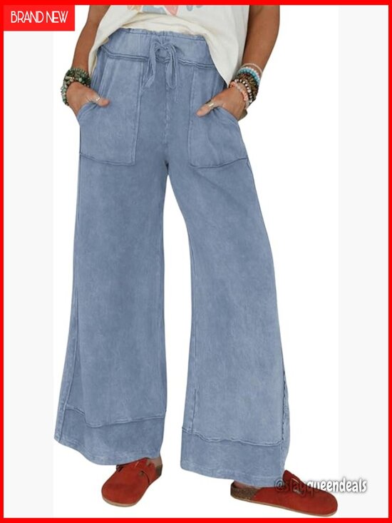 Pants - Wide Leg Sweatpants with Pockets Elastic Waist High Rise Palazzo Pants